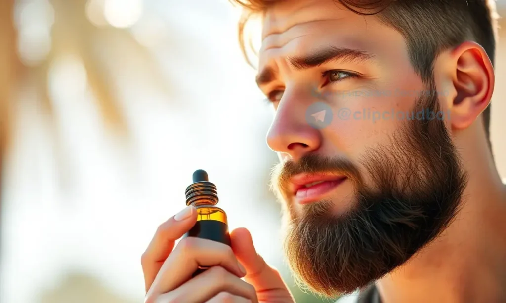 A well-groomed man with a neatly trimmed beard standing outdoors in warm sunlight, holding a natural beard oil bottle and a soft brush, with subtle visual cues of freshness like light mist or cooling droplets near the face, no visible sweat or odor indicators, clean and fresh atmosphere, realistic lighting, high detail, focus on beard care in heat