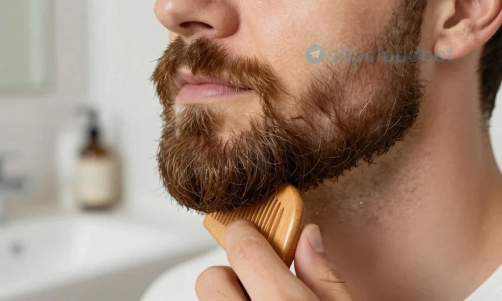 A close-up of a well-groomed beard with smooth, untangled strands, showing natural texture and healthy shine, being gently combed with a wooden beard comb in soft morning light, no visible knots or clumps, skin underneath appears clean and moisturized, background softly blurred bathroom sink with minimal toiletries