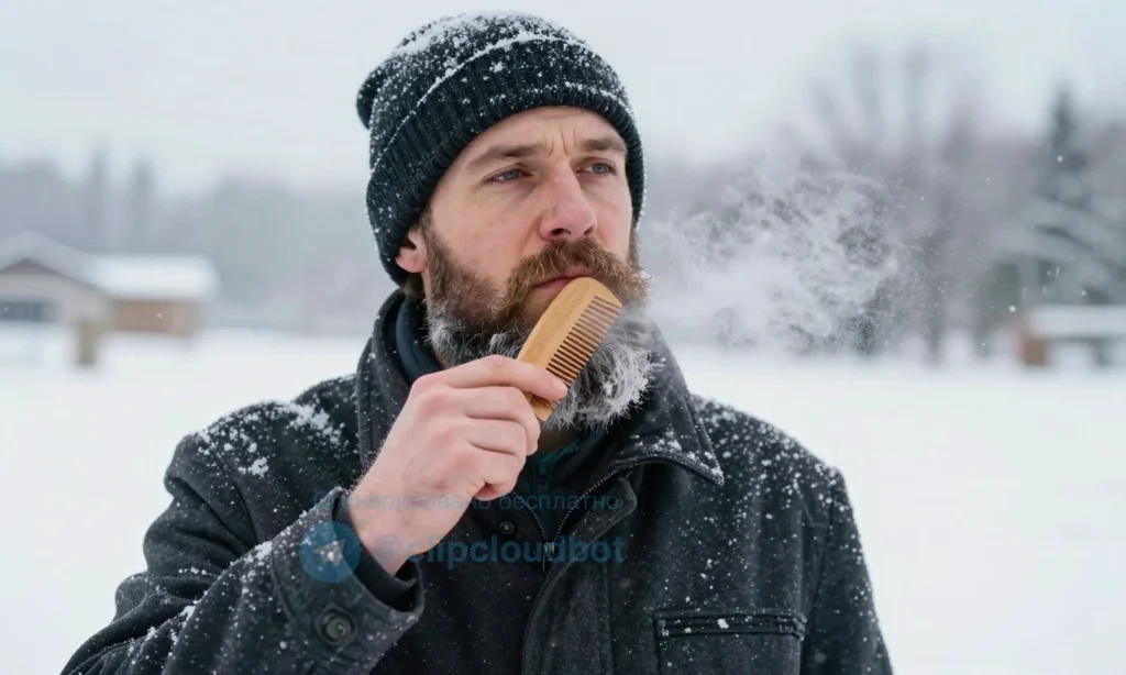 A man with a full beard standing in a snowy, winter outdoor setting, wearing a warm coat and hat. He is gently brushing his beard with a wooden comb while a small, subtle mist of water droplets appears around his beard, indicating moisture to reduce static. The background shows softly falling snow and a faint winter landscape. The scene conveys a calm, practical approach to removing static from a beard during winter.