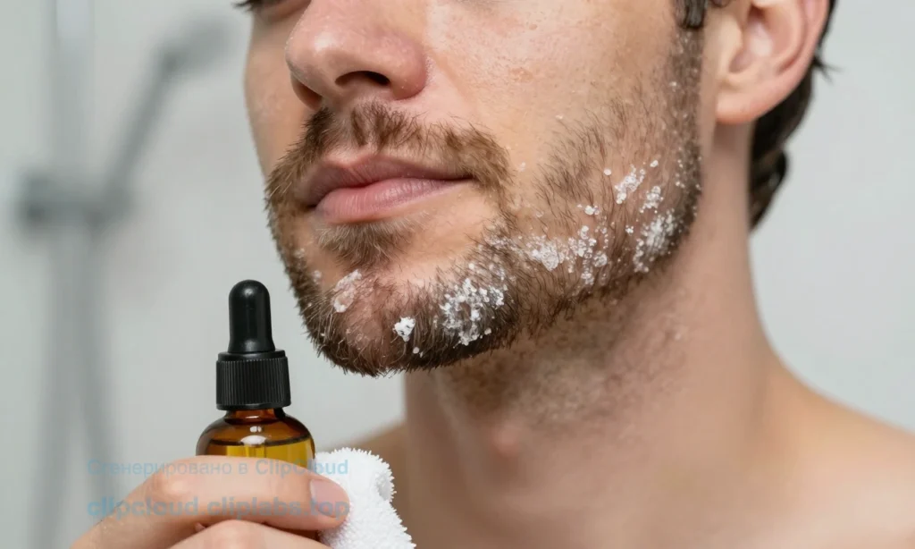 A close-up of a man's face with a beard, showing flaking skin under the beard after a shower, with a gentle grooming routine: a bottle of beard oil, a towel, and a shower setting in the background.