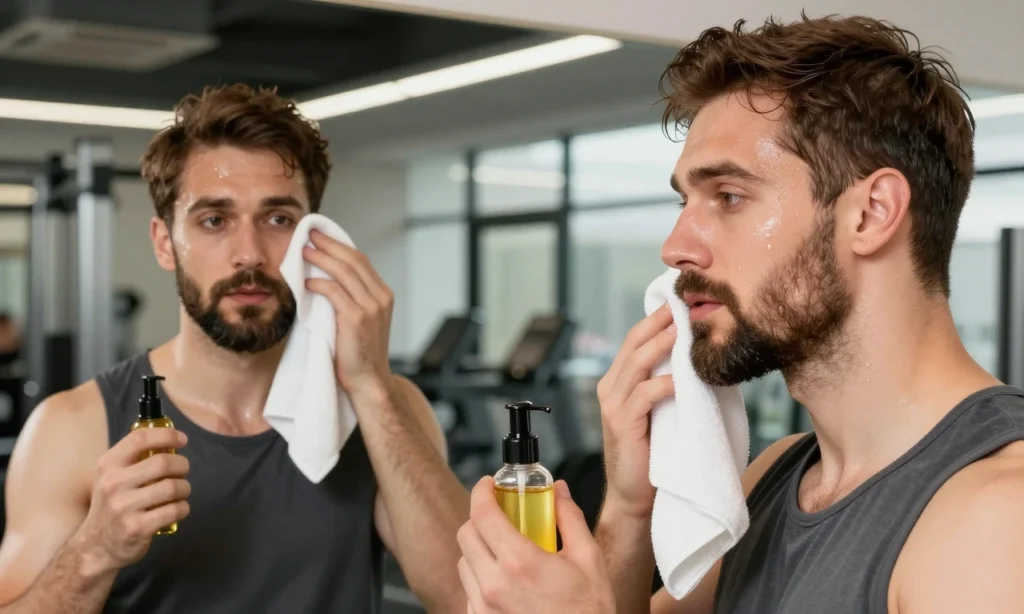 A man exercising in a gym with sweat, showing proper beard care techniques for athletes, including using a beard oil bottle, a towel wiping sweat, and a well-groomed beard, in a clear, high-quality illustration