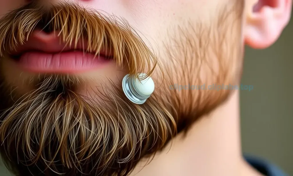 A close-up of a well-groomed man's beard with a subtle sheen, a small amount of clear beard balm applied to the tips, natural lighting, realistic texture, no text or symbols, no brand logos, no words, no numbers, no UI elements