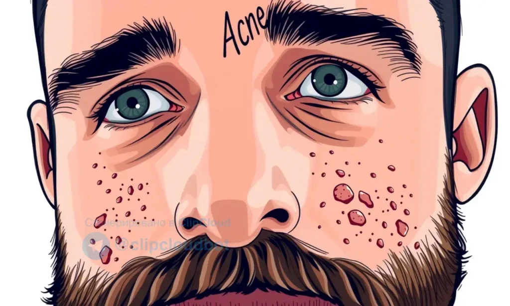 A close-up of a man's face showing skin under his beard covered in acne, with a thoughtful expression, representing the psychological and social aspects of skin health and grooming, in a clear, detailed illustration style