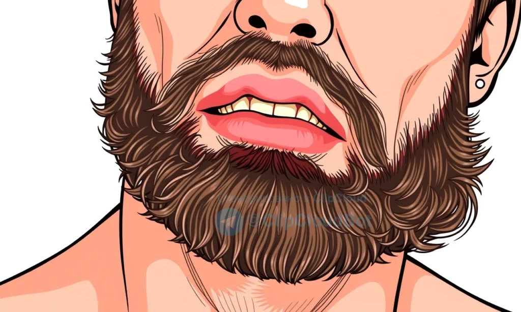 A close-up illustration of human skin under a beard where the beard is pulled tight, showing redness, irritation, and a painful expression on the face, with visible signs of inadequate beard care such as dryness or ingrown hairs, in a clear medical diagram style