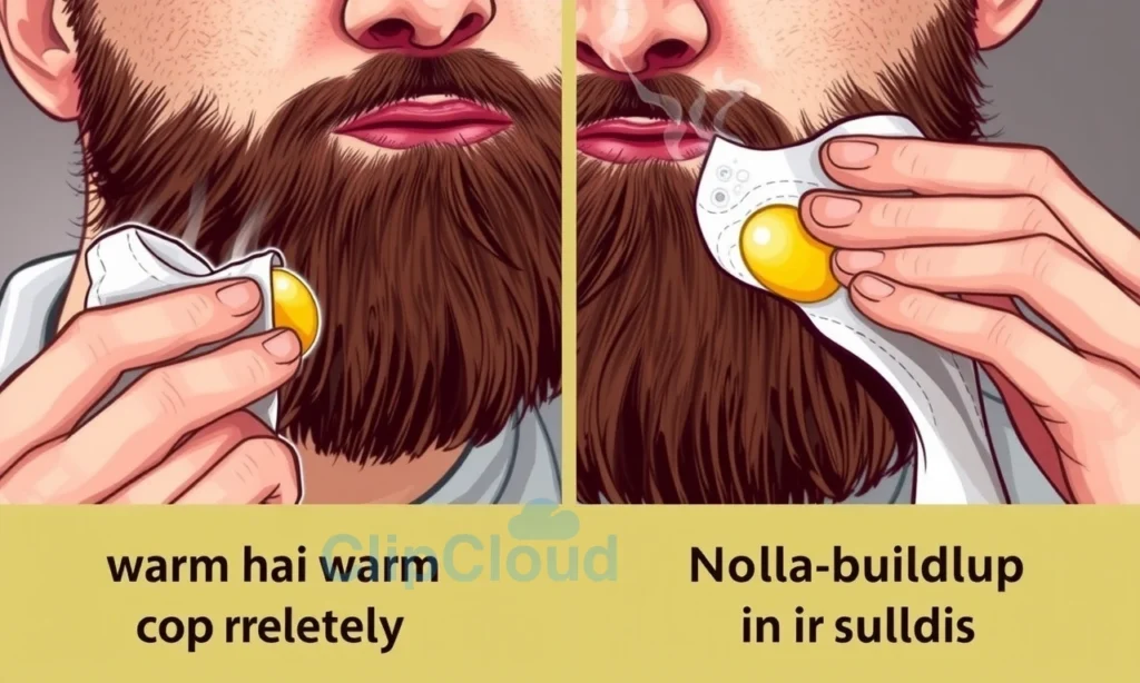 A close-up illustration showing a man with a beard applying beard wax, then using a warm damp cloth to wipe away the wax completely, with visible steam rising from the cloth and no wax residue left on the beard, demonstrating the proper technique to avoid buildup