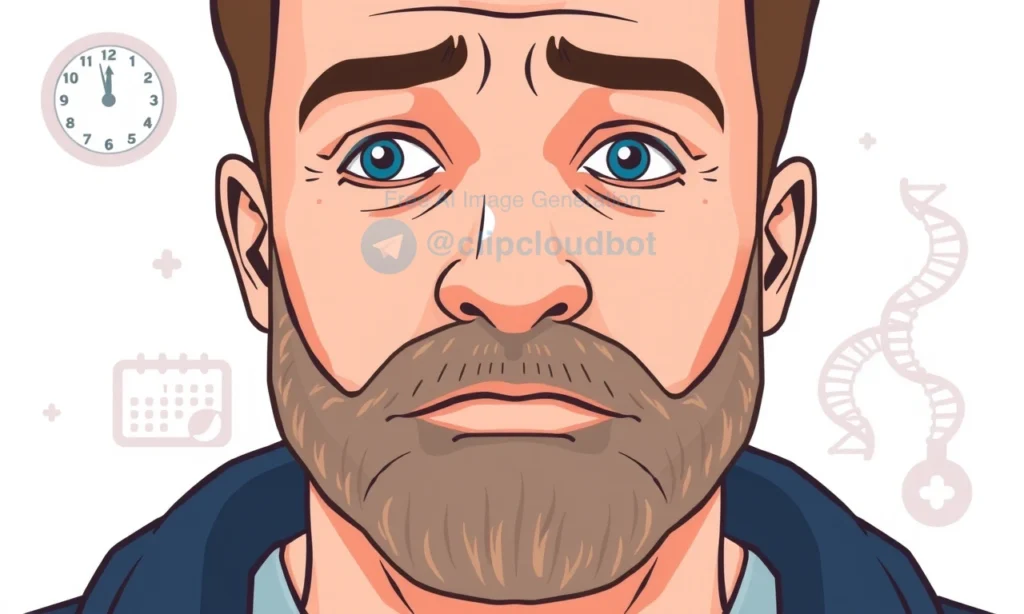 A close-up illustration of a man in his late 30s with a beard that is visibly growing very slowly, showing sparse patches and uneven growth, with a thoughtful expression, set against a simple background with subtle medical or scientific elements like a clock, a calendar, and a DNA helix, in a clean, clear, high-quality cartoon style