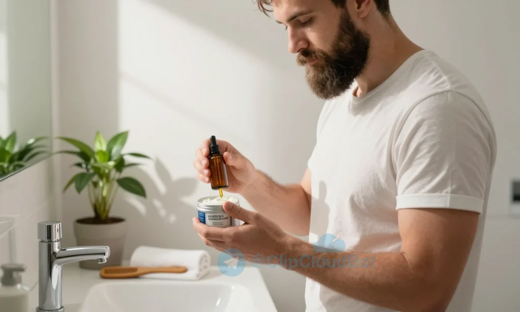 A well-groomed man with a full, healthy beard stands in soft morning light near a bathroom sink, holding a small tin of beard wax in one hand and a dropper bottle of beard oil in the other. On the counter beside him: a wooden comb, a towel, and a small potted plant. The scene is clean, modern, and masculine, emphasizing the ritual of morning beard care. Warm sunlight streams through a window, casting gentle shadows. No text, logos, or words appear anywhere in the image.