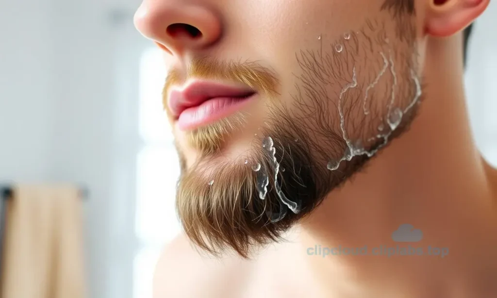 A close-up of a man with a neatly trimmed short beard, showing clear skin without redness or irritation, in a bright, clean bathroom setting with natural lighting, illustrating proper beard care techniques like gentle washing and moisturizing, no text or symbols on the image