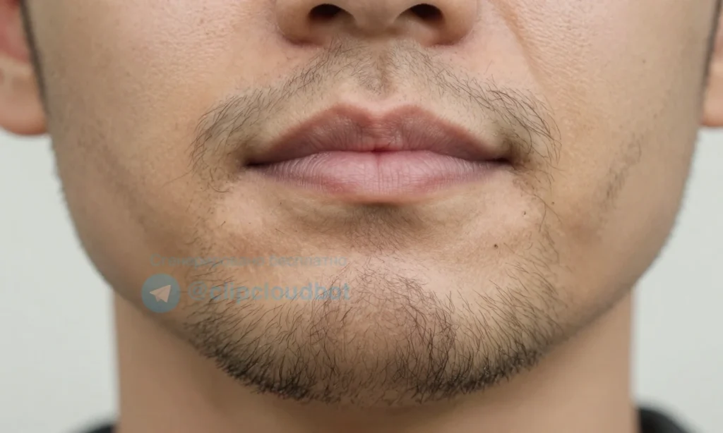 A close-up of a man's face showing patchy and uneven beard growth, with some areas having sparse stubble and others with denser hair, highlighting irregular growth patterns; soft natural lighting, realistic skin texture, no facial expressions, focus on beard area only