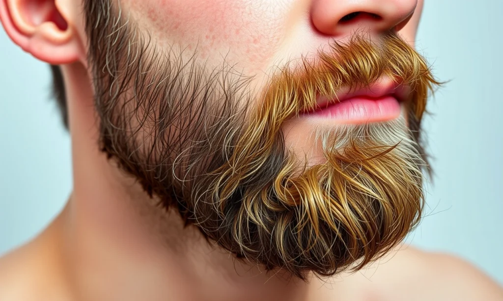 A close-up of a man with a beard, focusing on the skin underneath. The skin should appear slightly irritated and dry, with subtle redness to indicate itching. The beard should be well-groomed but not overly styled, with natural texture. The background should be neutral and out of focus to keep the attention on the skin and beard.