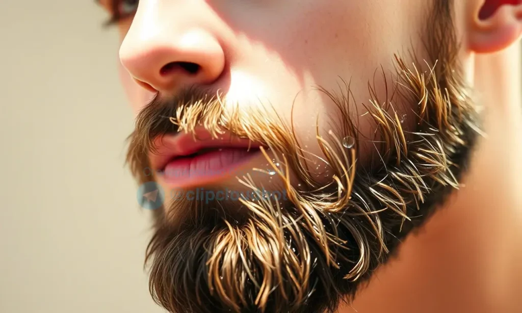 A close-up of a well-groomed beard on a man's face during summer, with subtle droplets of sweat being repelled by natural beard oil, soft sunlight highlighting the texture of facial hair, a clean and fresh appearance, no visible dirt or odor indicators, background blurred with warm summer tones like light beige and pale green, emphasizing hygiene and care in heat