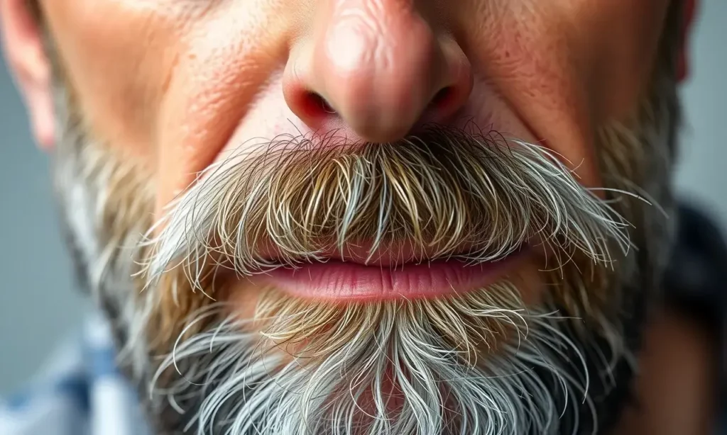 A realistic close-up of a man's face showing a beard slowly growing after age 35, with subtle signs of slower growth like thinner patches and uneven texture, natural lighting, detailed skin texture, no text or symbols
