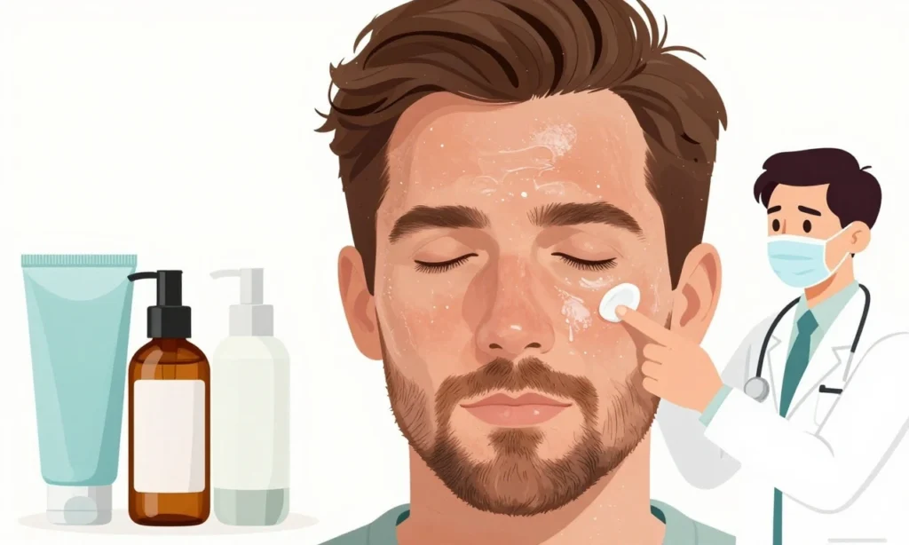 A close-up illustration of a man with oily skin and a beard, showing visible shine on his forehead and nose, with skincare products like a cleanser, toner, and moisturizer arranged neatly beside him, and a dermatologist pointing to his skin to explain proper care techniques, all in a clean, educational style
