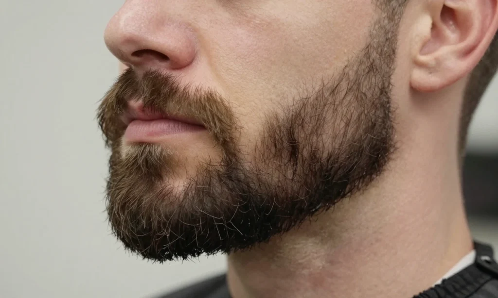 A close-up of a man's face with a well-groomed beard that has been trimmed and shaped to grow downward with defined volume and structure, showing professional barber techniques like tapering, layering, and styling with beard balm or wax, soft natural lighting, high detail on facial hair texture, neutral background
