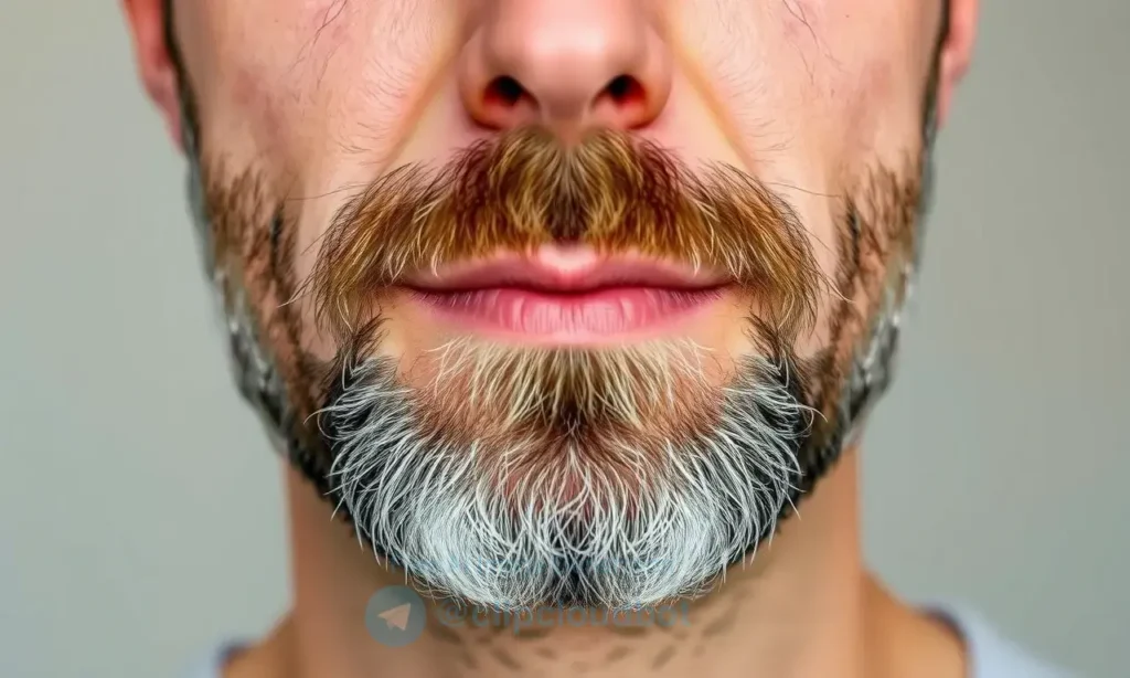 A close-up portrait of a man in his mid-30s to 40s with a slowly growing beard, showing subtle patches and uneven growth, natural lighting, realistic skin texture, neutral background, no text or symbols