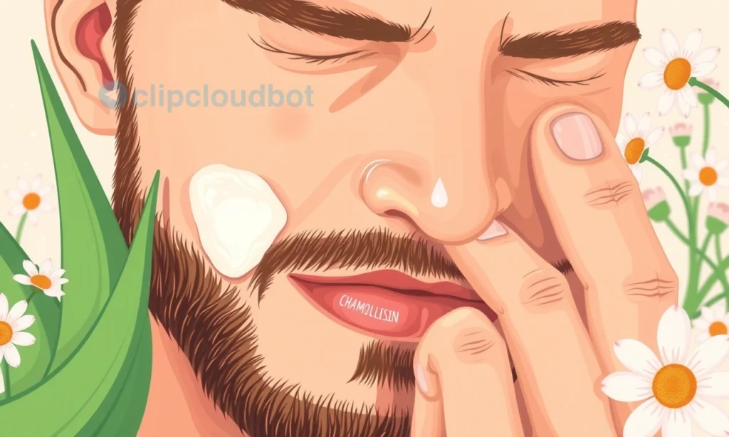 A close-up illustration of a man with a well-groomed beard, gently touching his cheek with a soothing moisturizer, surrounded by soft natural elements like aloe vera leaves and chamomile flowers, symbolizing care for dry and sensitive skin; warm, gentle lighting, realistic skin texture, no visible irritation or redness, focus on comfort and skincare harmony