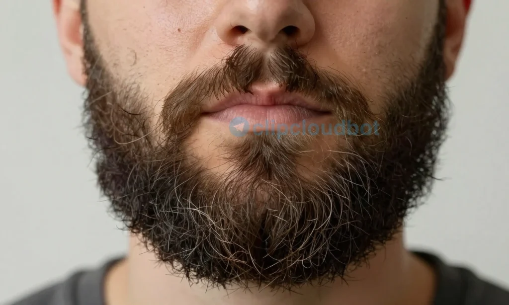 A close-up of a well-groomed beard with different hair directions, showcasing the natural texture and volume. The beard should appear slightly unruly but still neat, highlighting the challenge of managing beard hair. The background should be simple and neutral to keep the focus on the beard.