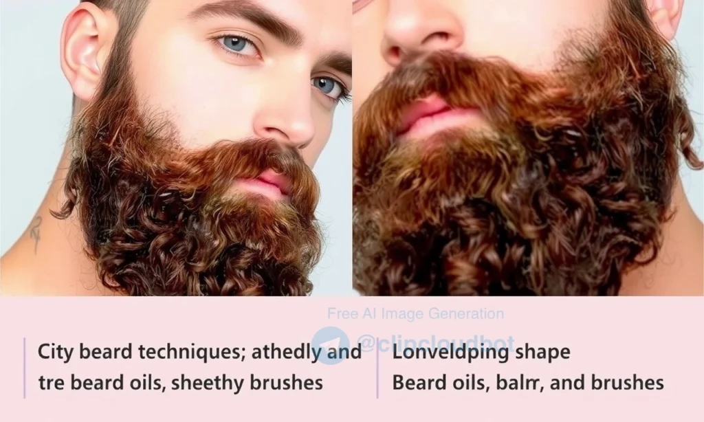 A well-groomed, full beard with a focus on styling techniques to add volume and shape. Show a man with a neatly trimmed beard that appears thick and voluminous, demonstrating the use of beard oils, balms, and brushes. Include close-up shots of the beard to highlight the texture and the tools used for styling.