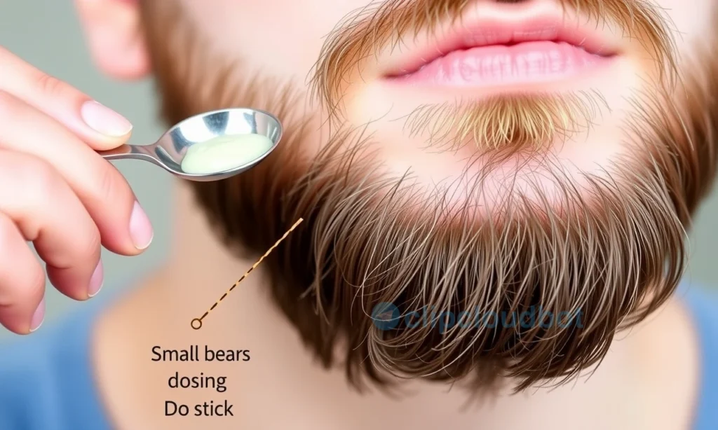 A close-up of a man's beard being styled with a small amount of beard wax, showing a measuring spoon or a small container to illustrate proper dosing, with the beard hair appearing smooth and not sticking, in a clean, natural setting.