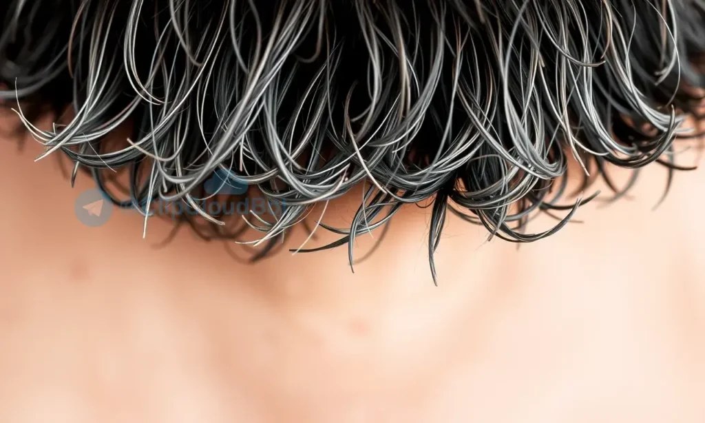 A close-up of a man's beard with dry, brittle tips contrasting against healthy, moisturized skin underneath, showing subtle flaking at the ends while the skin appears normal and hydrated, soft natural lighting, high detail on hair texture
