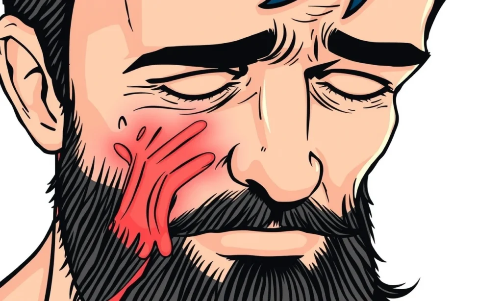A close-up illustration showing a man's face with a beard, where the skin under the beard is visibly pulled and reddened, indicating irritation and pain, with a concerned expression, highlighting the need for proper beard care and healthy skin underneath, in a clear, detailed, and educational style