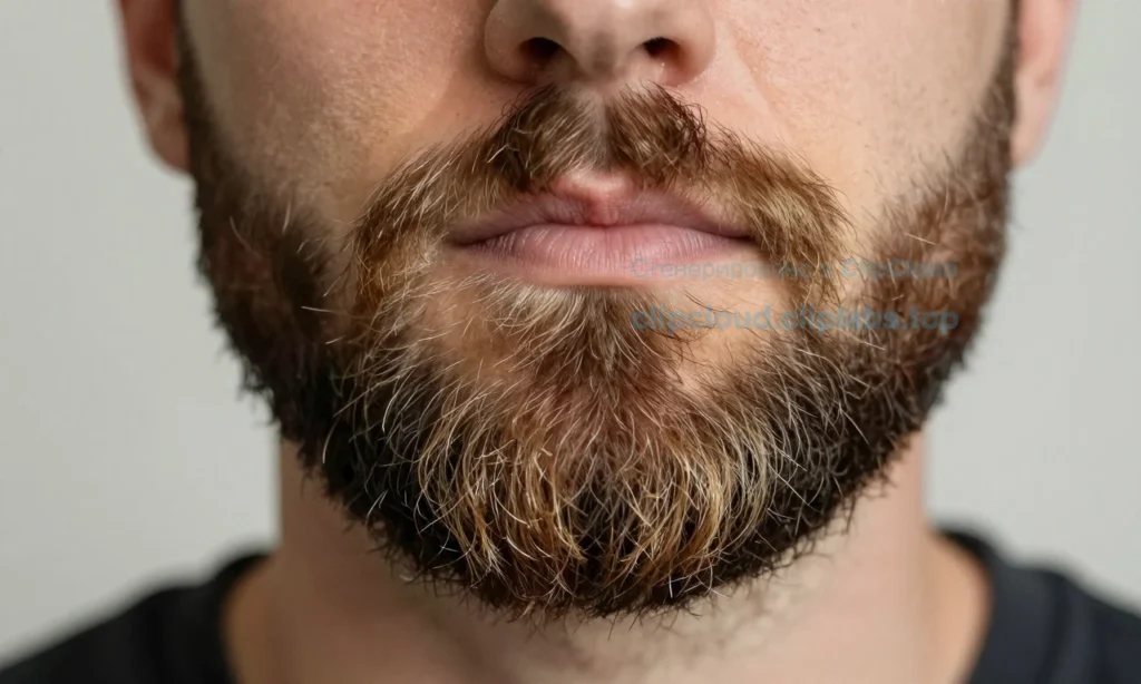 A close-up of a well-groomed beard showing natural color variation: darker roots and lighter tips, with soft, healthy texture and subtle shine, set against a neutral blurred background to emphasize the beard's detail and color gradient