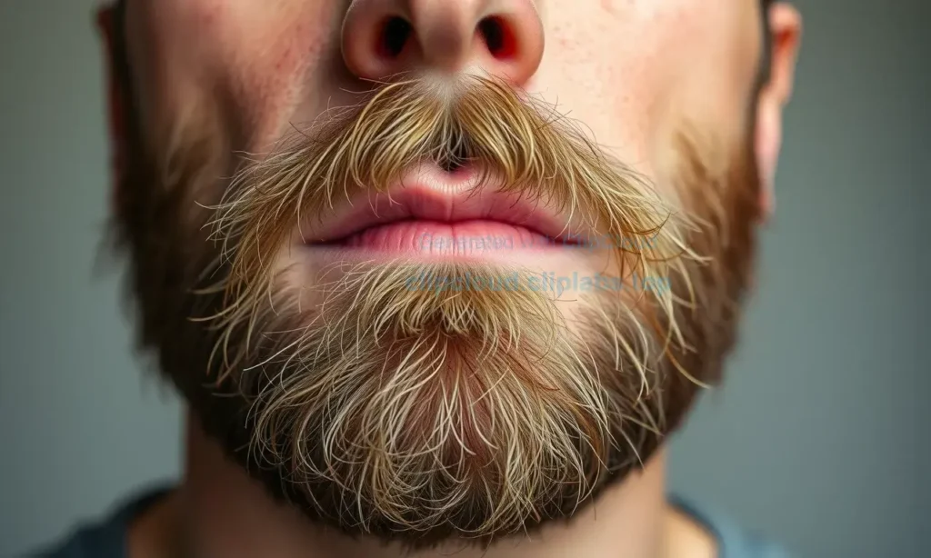 A close-up of a man's face showing a coarse, prickly beard with visible roughness and irritation, set against a neutral background, with subtle visual cues suggesting discomfort like slight redness or stubble texture, in high detail, realistic skin and hair texture, soft natural lighting