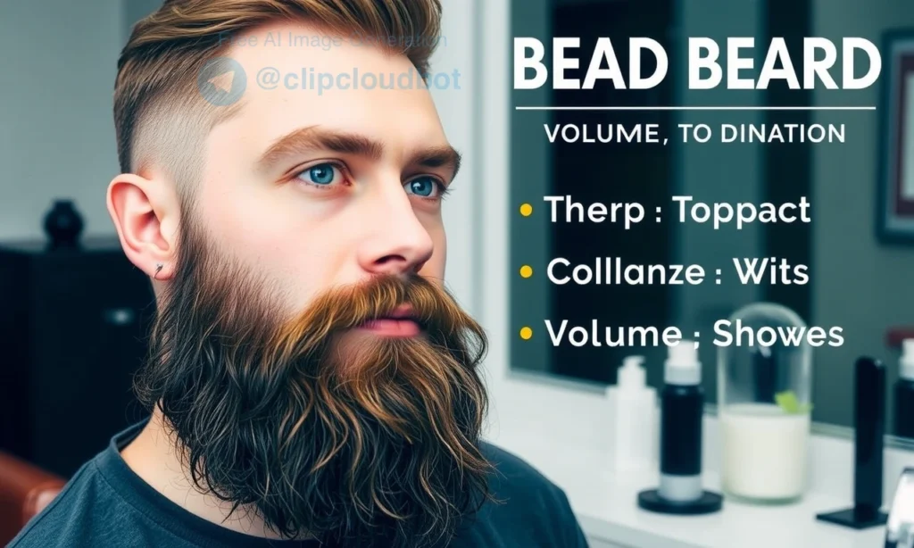 A well-groomed man with a beard that is styled to maintain volume and shape, demonstrating proper beard care techniques. The beard should appear full and well-maintained, with a focus on the upward growth and volume. The man should be in a clean, modern setting, possibly in a barbershop or at home with grooming tools nearby.