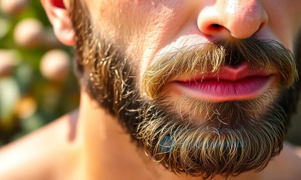 A close-up of a well-groomed beard on a man's face in hot summer weather, showing clean, moisturized facial hair with no visible sweat or odor, soft natural lighting, subtle droplets of water evaporating from the beard, background blurred with hints of summer foliage or a sunny outdoor setting, realistic skin texture, no text, no logos, no symbols
