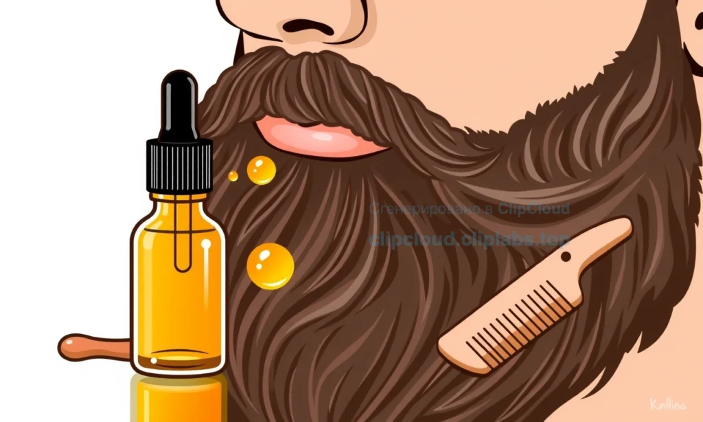 A close-up illustration showing a well-groomed beard with healthy, non-splitting tips, featuring natural oils and moisture, alongside a small bottle of beard oil and a wooden comb, set against a clean background