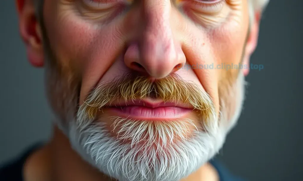 A close-up portrait of a middle-aged man with a slowly growing beard after age 35, showing natural facial hair development, realistic skin texture, and subtle lighting emphasizing age-related growth patterns, no text or symbols on face