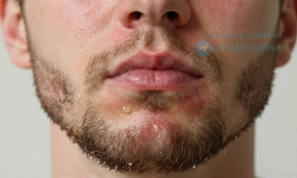 A close-up of a man's face with a beard, showing inflamed and reddened skin under the beard after washing, with water droplets on the beard, no text or symbols.