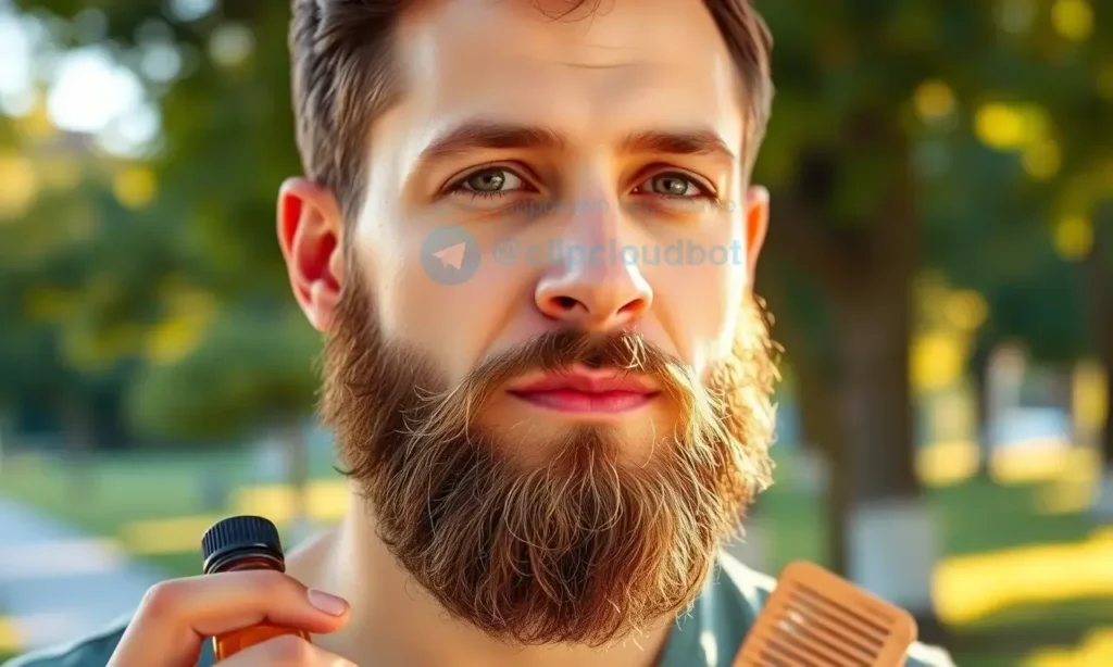 A well-groomed man with a neatly trimmed beard standing in warm sunlight, holding a small bottle of beard oil and a wooden comb, with subtle droplets of sweat visible on his forehead but none on his beard, background showing a blurred summer park with green trees and soft golden light, emphasizing freshness and cleanliness of the beard in heat
