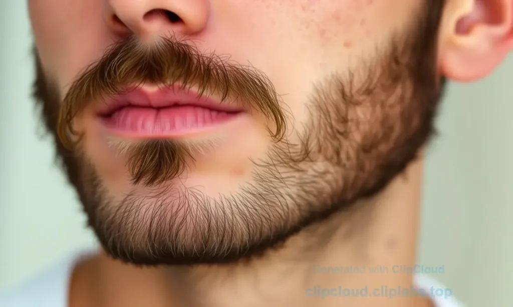 A close-up image of a man's face with a beard, showing skin under the beard with acne. The focus should be on the skin texture and the acne spots, highlighting the issue described in the article. The man should have a neutral expression, and the lighting should be natural to clearly show the skin condition.