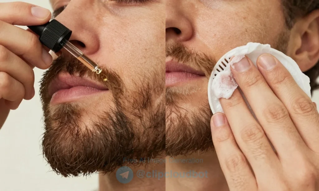 A close-up, high-quality image of a well-groomed beard split into two halves: left side showing beard oil being applied with a dropper, right side showing beard wax being shaped with fingers and a comb; soft natural lighting, subtle skin texture visible, no text, no labels, no logos, no products packaging, just the beard and hands in focus, realistic skin and hair detail, warm tones, shallow depth of field