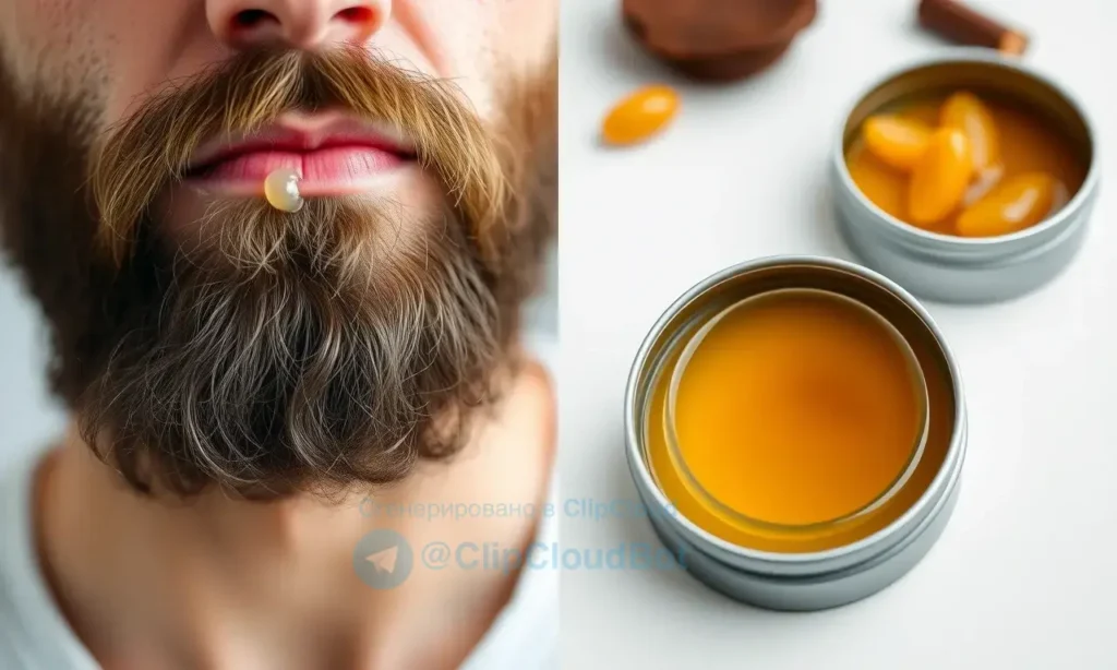 A high-quality 1280x720 image showing a close-up of a well-groomed man's beard with a small amount of clear, natural-looking beard balm applied, emphasizing smooth texture and healthy appearance, alongside a separate close-up of a traditional natural beard wax in a tin container with visible ingredients like beeswax and oils, both depicted in a clean, professional grooming context without text or branding