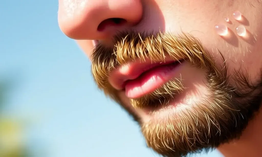 A close-up of a well-groomed beard on a man's face in warm weather, showing clean, moisturized skin underneath with no visible sweat or odor indicators, soft natural lighting highlighting healthy skin texture and beard hairs, subtle droplets of water or light mist suggesting freshness, no text, symbols, or logos present