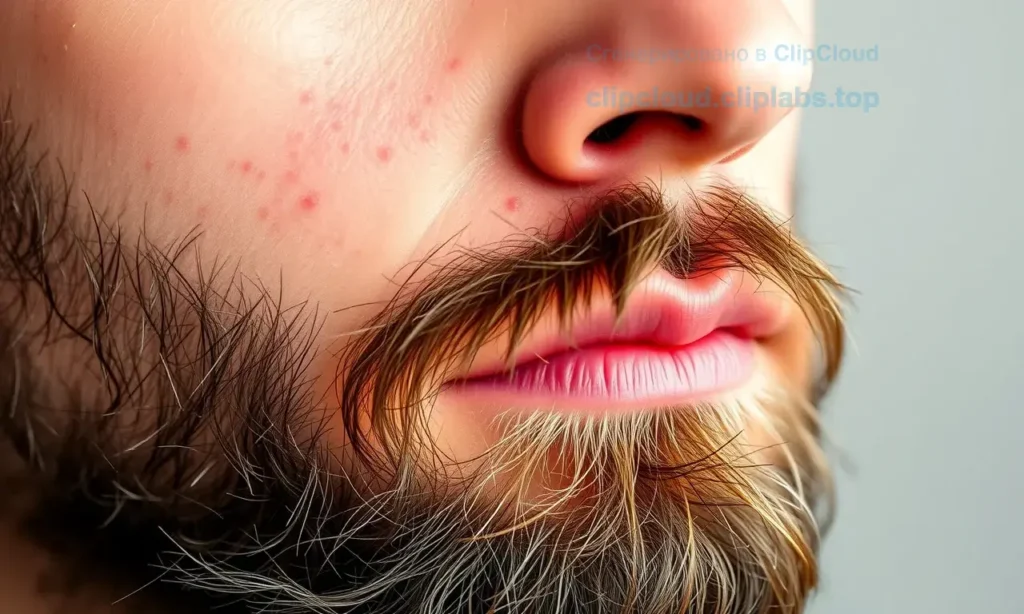A close-up of a man's face with a well-groomed beard, focusing on the skin beneath the beard showing mild acne-prone texture (redness, small bumps, no open wounds), natural lighting, soft shadows, high detail on skin and facial hair, no text, no logos, no products visible, realistic skin tones, subtle sheen from beard oil absorption, background blurred and neutral