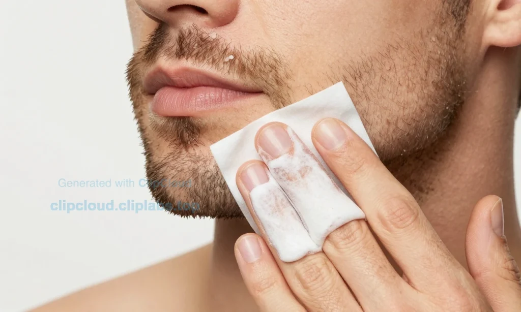 A close-up illustration showing a man's beard with wax applied, demonstrating proper dosage with a small amount of wax on fingertips, avoiding clumping, in a clean grooming setting