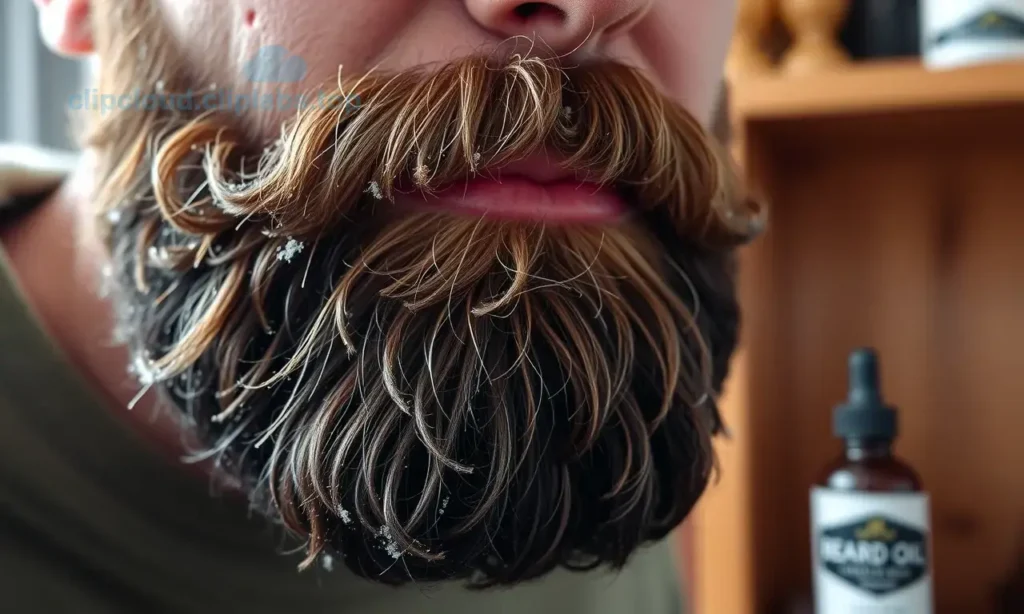 A close-up of a well-groomed beard in winter, showing healthy, moisturized facial hair with subtle frost on the tips, soft natural lighting from a window, warm indoor background with a wooden shelf and a beard oil bottle nearby, no text or symbols visible