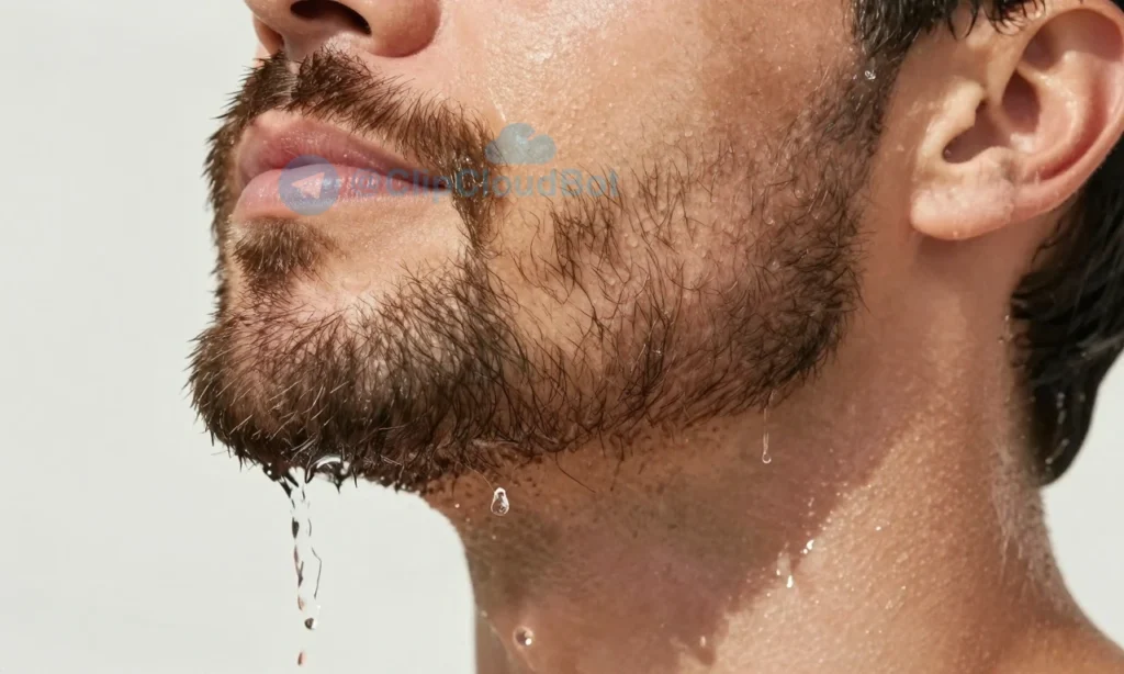A close-up of a well-groomed beard on a man's face in hot summer weather, showing subtle sweat droplets on the skin beneath the beard, with a refreshing splash of cool water being applied to the beard area, soft natural sunlight, clean and fresh appearance, no visible odor lines or symbols, realistic skin texture and facial hair detail
