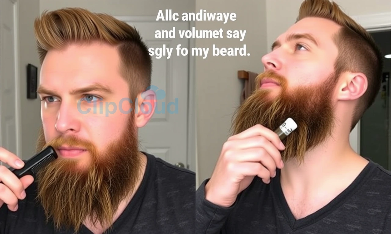 A man with a long, downward-growing beard that lacks volume, demonstrating the process of shaping and styling the beard to add volume and structure. The image should show the man using beard grooming tools such as a comb, brush, and possibly beard oil or wax to achieve a fuller and more defined look. The scene should be set in a well-lit, clean environment, possibly a bathroom or grooming area, with a focus on the beard styling process.