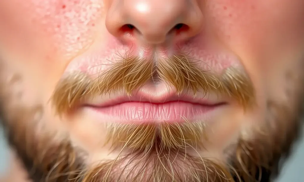 A close-up view of healthy facial skin under a well-groomed beard, showing no redness or inflammation, with natural skin texture, subtle moisture, and soft lighting highlighting the skin's condition; the beard hairs are neatly trimmed and clean, with no visible irritation, flaking, or blemishes beneath them