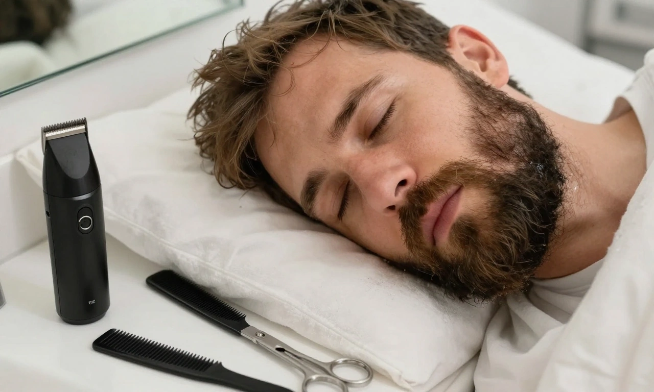 A close-up of a man with a messy beard after sleep, showing a disheveled look, with grooming tools such as a beard trimmer, scissors, and a comb nearby in a morning bathroom setting