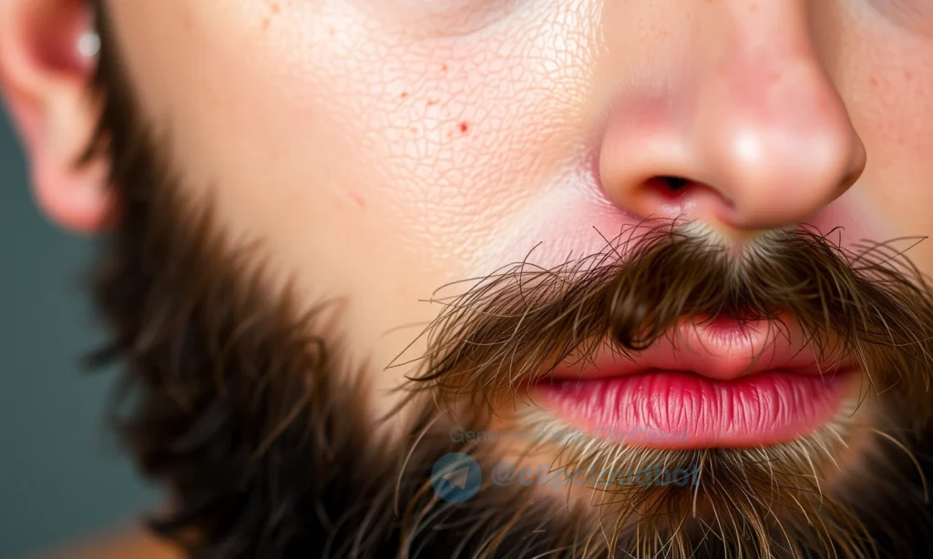 A close-up view of healthy facial skin under a well-groomed beard, showing smooth, moisturized skin with no flaking or irritation, soft natural lighting, subtle skin texture visible, no redness or dry patches, realistic skin tones, beard hairs gently resting on the skin, peaceful and clean aesthetic