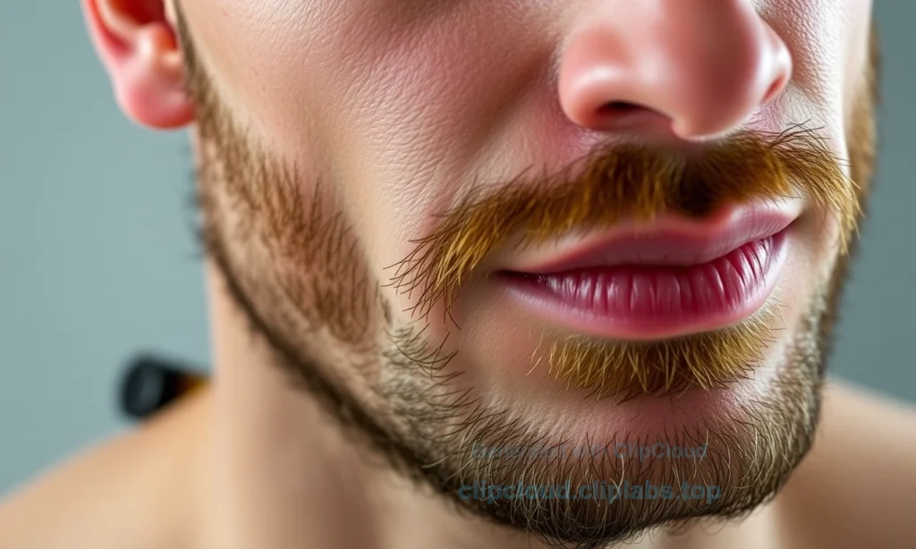 A close-up of a man's face showing mild skin redness on the cheeks and jawline after using beard oil, with a small bottle of beard oil nearby on a wooden surface, soft natural lighting, realistic skin texture, no text or symbols visible