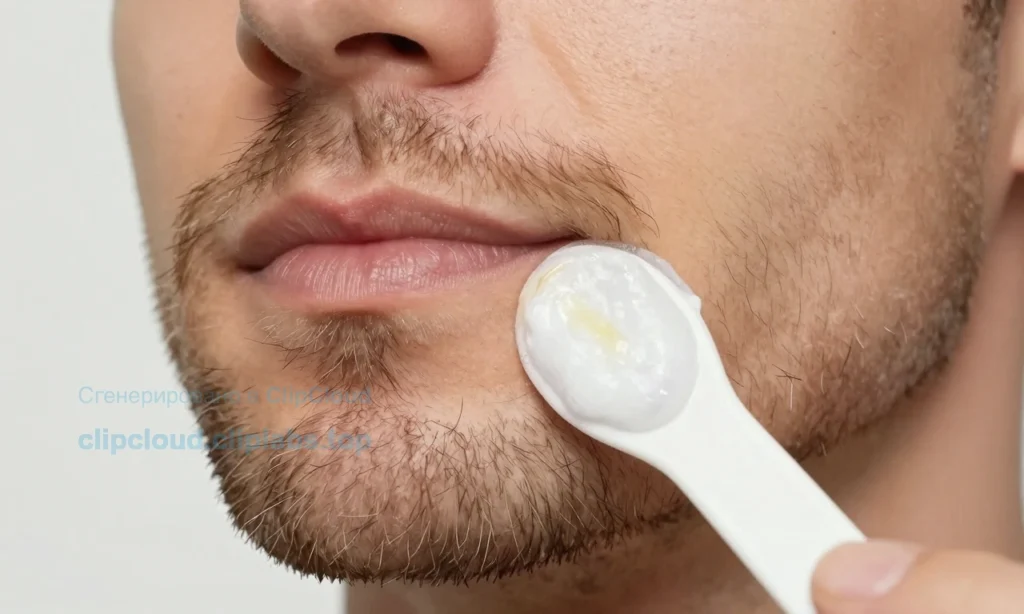 A close-up illustration of a man's beard with wax being applied, showing a small amount of wax on a fingertip, a measuring spoon, and a subtle visual effect of hair clumping, in a clean, realistic style, no text or letters
