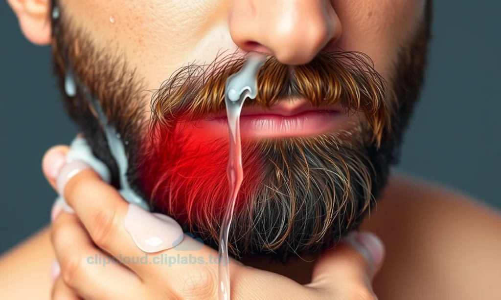 A close-up of a man's face with a beard, showing inflamed, reddened skin under the beard after washing. The image includes a gentle hand with soap and water droplets, highlighting the irritated area. The style is a realistic medical illustration with soft lighting, no text, letters, or digits.