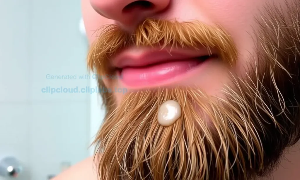 A close-up of a well-groomed beard with a small amount of clear or lightly tinted beard balm applied, showing a subtle sheen and neat styling, set against a clean bathroom or grooming station background