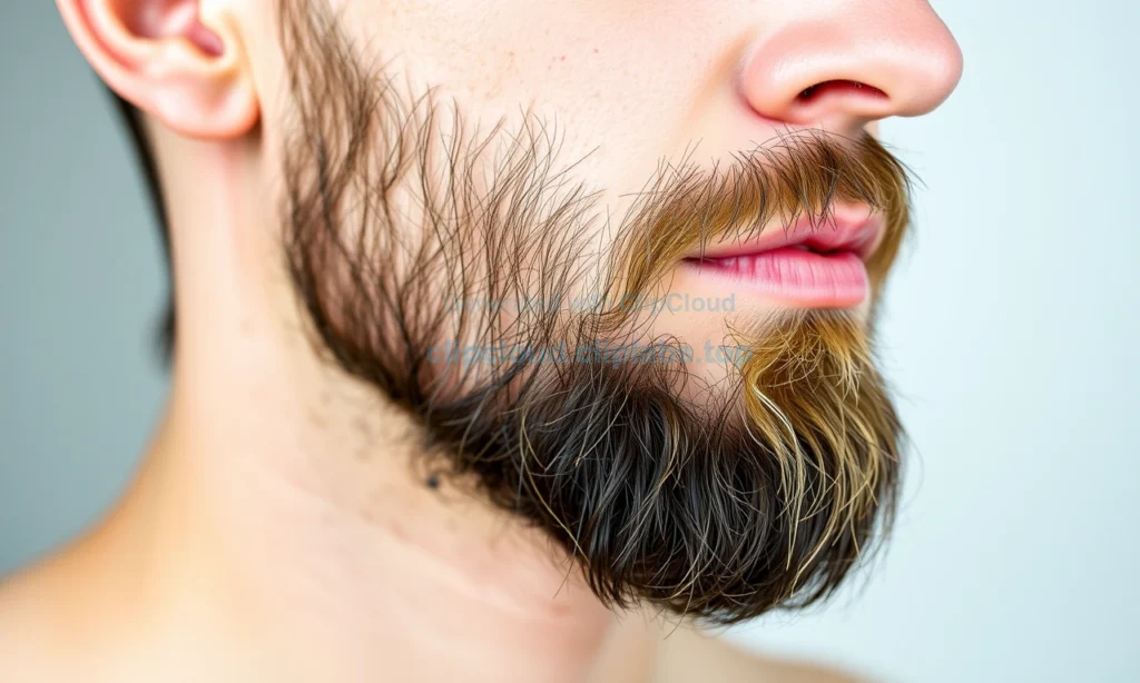 A close-up of a well-groomed male beard with smooth, healthy skin underneath, no visible ingrown hairs, bumps, or inflammation; soft natural lighting highlights the texture of facial hair and skin, emphasizing clarity and care; background is softly blurred to focus on the beard area, conveying a sense of confidence and comfort after proper grooming